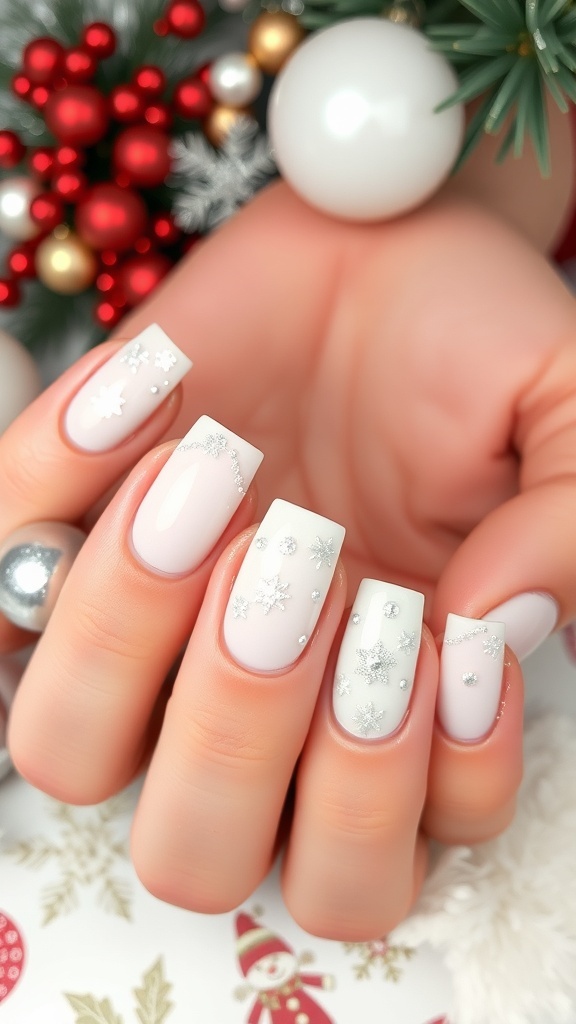 Christmas milky nails with snowflake designs and glitter on a festive background.